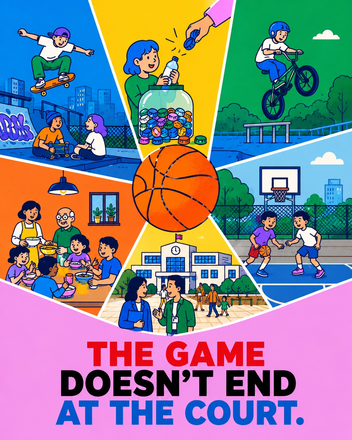 横長のエディトリアルイラスト。上部には、スケートボード、資源回収(ペットボトルキャップ)、BMX、家族の食卓、バスケットボールコート、行政・学校という6つの地域・スポーツシーンが並び、中央に大きなバスケットボールが配置されている。下部はピンク背景に「THE GAME DOESN'T END AT THE COURT.」というコピーが置かれ、バスケットボールを中心にスポーツが企業・行政・子どもや地域の日常へ広がっていく様子を表している。