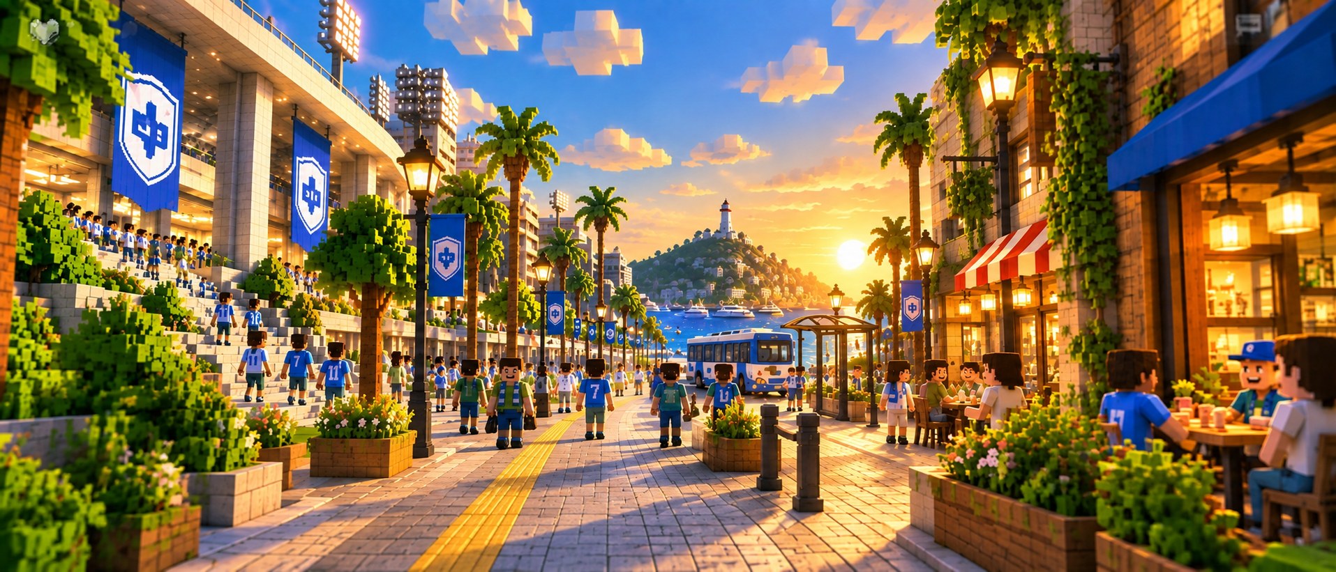 ブロック(ボクセル)風のスタジアムと港町の遊歩道を描いたイラスト。夕暮れの中、青いユニフォームを着たクラブサポーターたちが、旗が並ぶスタジアムの観客席から、ヤシの木と街灯が並ぶ石畳の遊歩道を通り、カフェや雑貨店が軒を連ねる街なかへ歩いていく様子が描かれている。奥には港とバス停、灯台のある丘、ヨットの浮かぶ海が広がる。画面左上にハート型の小さなアイコンが一つ見える。
