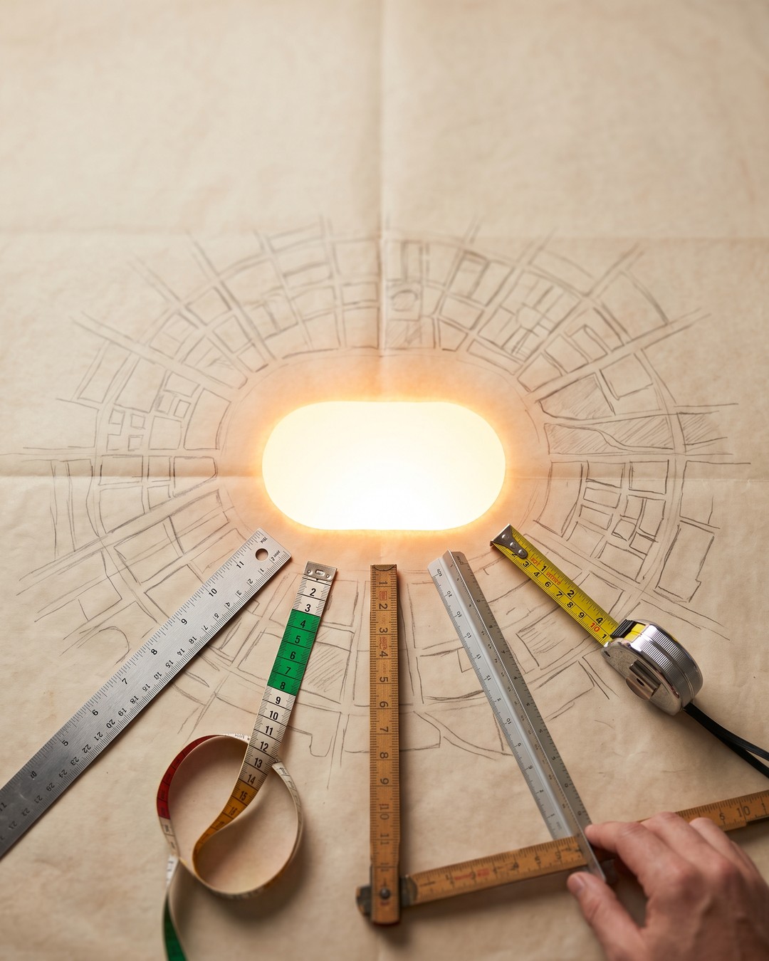 地図のような模様のテーブルの上に、光る楕円を囲むように、素材の異なる複数の定規や巻き尺が放射状に置かれている俯瞰写真。