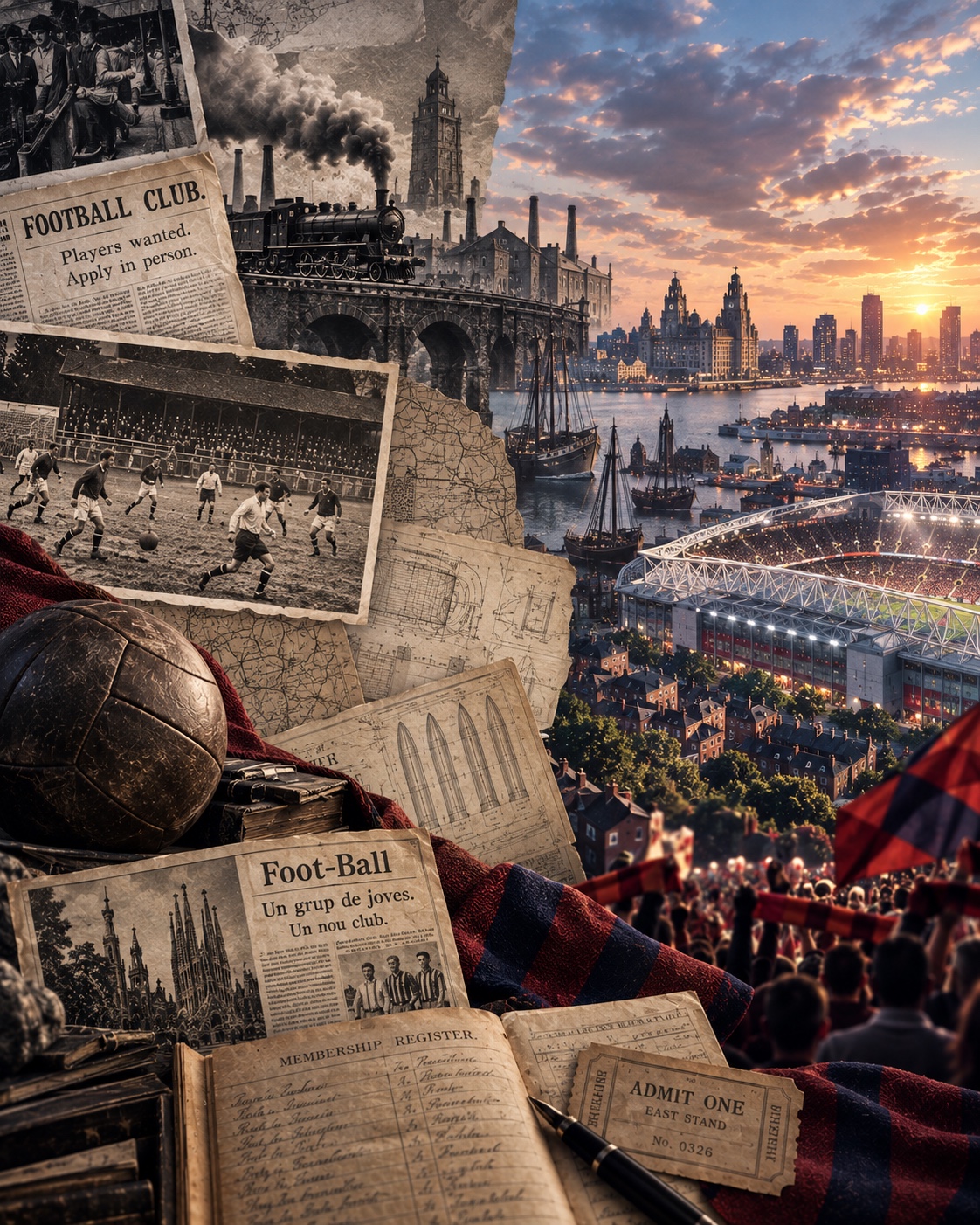セピア調の古い新聞記事『FOOTBALL CLUB. Players wanted. Apply in person.』、白黒のサッカー試合写真、会員登録簿、革製のボール、カタルーニャ語新聞『Foot-Ball』の切り抜き、入場チケット、クラブカラーのマフラーなど、クラブ創設期を思わせるモノクロ/セピア調の資料が画面左側にコラージュされている。蒸気機関車が工場の煙突が立ち並ぶ高架橋を渡る場面を経て、画面右側では『ANFIELD』と記された鉄門、川沿いの歴史的建造物群と現代の高層ビル群、夕景に照らされた照明の灯るスタジアム、赤紺のマフラーやフラッグを掲げる観客の群衆へと、モノクロからカラーへ移り変わるように続いていくイラスト。