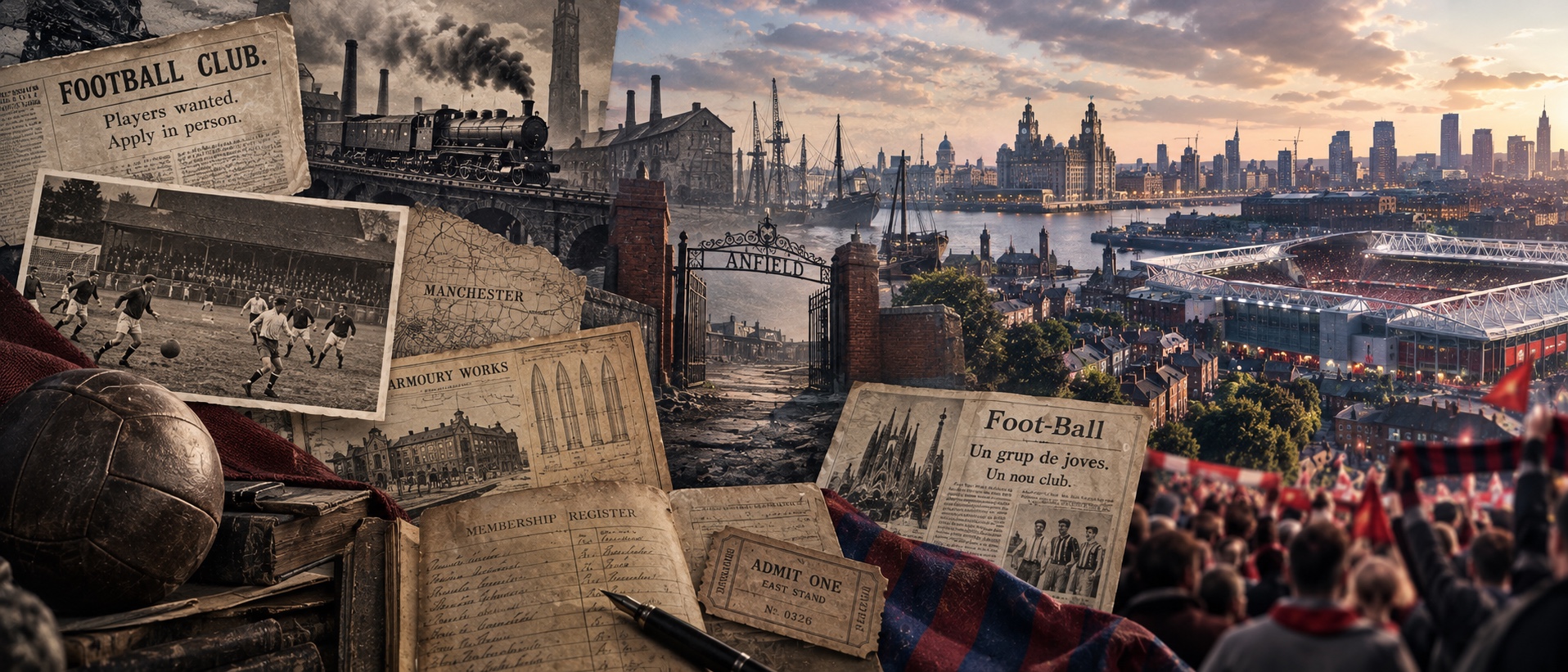 セピア調の古い新聞記事『FOOTBALL CLUB. Players wanted. Apply in person.』、白黒のサッカー試合写真、会員登録簿、革製のボール、カタルーニャ語新聞『Foot-Ball』の切り抜き、入場チケット、クラブカラーのマフラーなど、クラブ創設期を思わせるモノクロ/セピア調の資料が画面左側にコラージュされている。蒸気機関車が工場の煙突が立ち並ぶ高架橋を渡る場面を経て、画面右側では『ANFIELD』と記された鉄門、川沿いの歴史的建造物群と現代の高層ビル群、夕景に照らされた照明の灯るスタジアム、赤紺のマフラーやフラッグを掲げる観客の群衆へと、モノクロからカラーへ移り変わるように続いていくイラスト。