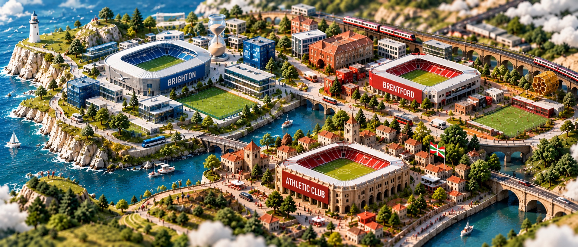 ミニチュア模型のように描かれた海辺の街のイラスト。左上に青い『BRIGHTON』、右上に赤い『BRENTFORD』、手前に赤いアーチ状の『ATHLETIC CLUB』のスタジアムが、川と橋でつながっている。中央には砂時計が置かれ、遠景には灯台と、高架を走る列車が見える。