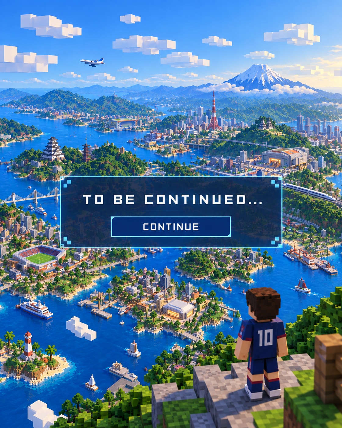 ブロック(ボクセル)風の日本の港湾都市を俯瞰で描いたイラスト。奥には富士山と東京タワーのある市街地、手前には赤白屋根のスタジアムとオレンジ屋根のアリーナ風施設、飛行機・新幹線・船が行き交う入り江が広がる。中央に『TO BE CONTINUED... / CONTINUE』というゲーム画面風のダイアログボックスが表示され、右下には崖の上から背番号10のユニフォームを着た人物がその光景を見下ろしている。