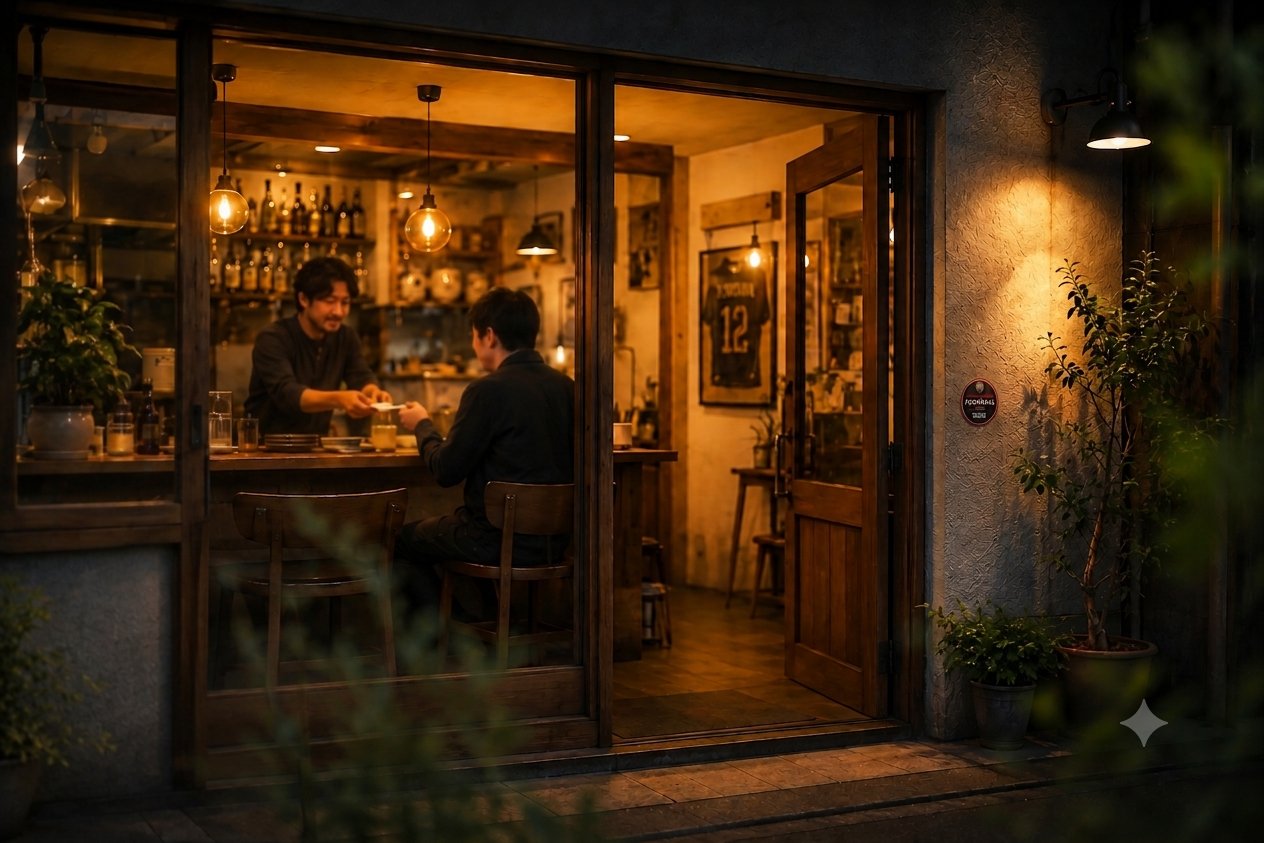夜、小さな飲食店の開いた扉の向こうで、カウンター越しに向き合う二人と、壁に飾られたユニフォーム